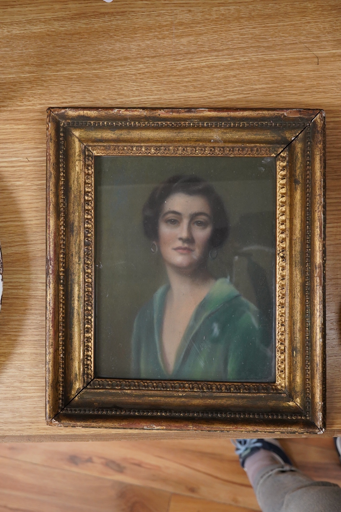 Eva Sawyer, pastel, Portrait of Mrs Oliver Hoare, unsigned, inscribed verso, 23 x 18cm, gilt frame. Condition - fair, would benefit from a clean